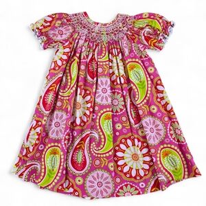 Three Sisters Smocked Floral Paisley Dress Girls 3T Pink Green 100% Cotton